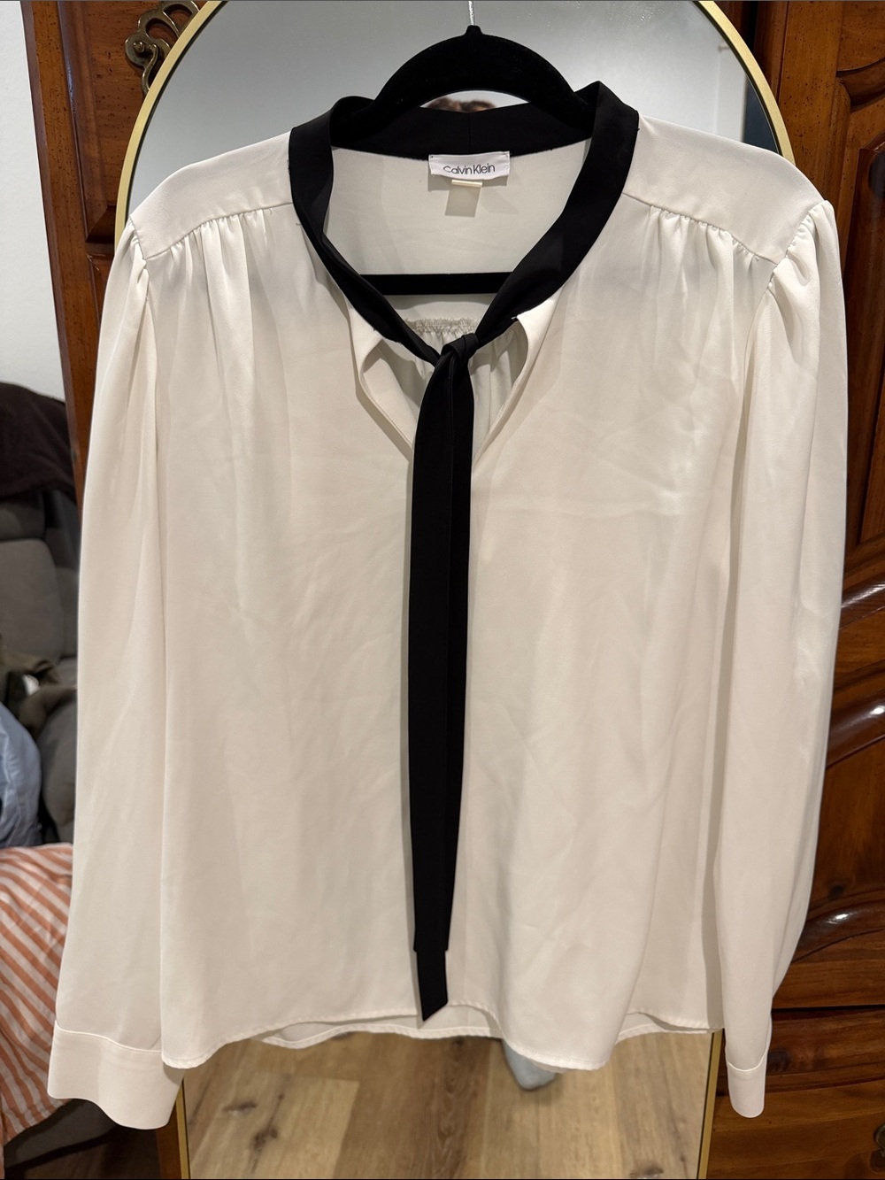 Calvin Klein Ivory Blouse with Black Tie-Neck